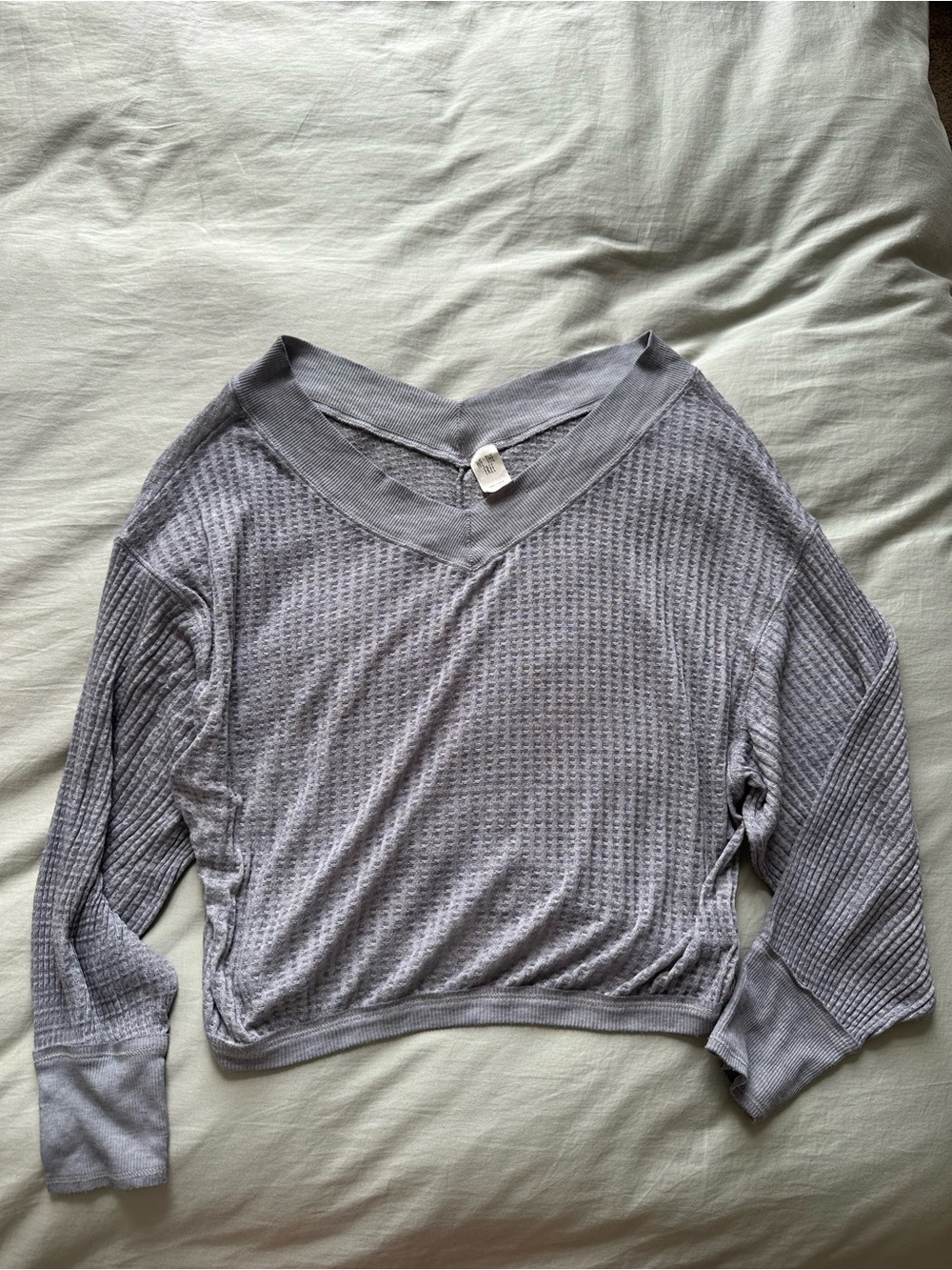 Free People Gray Waffle Knit V-Neck Pullover
